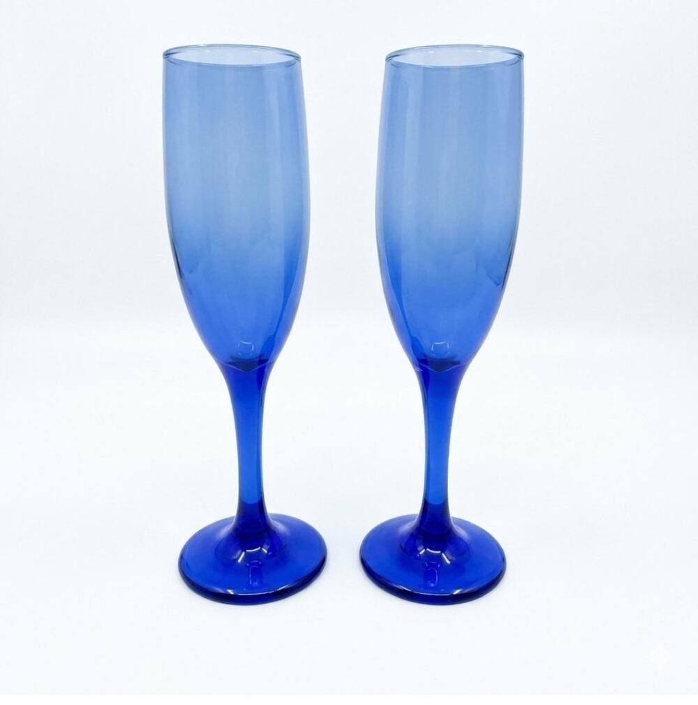 Vintage Set of 2 Libbey Premier Cobalt Blue Glass 9” Long Stem Champagne Flutes